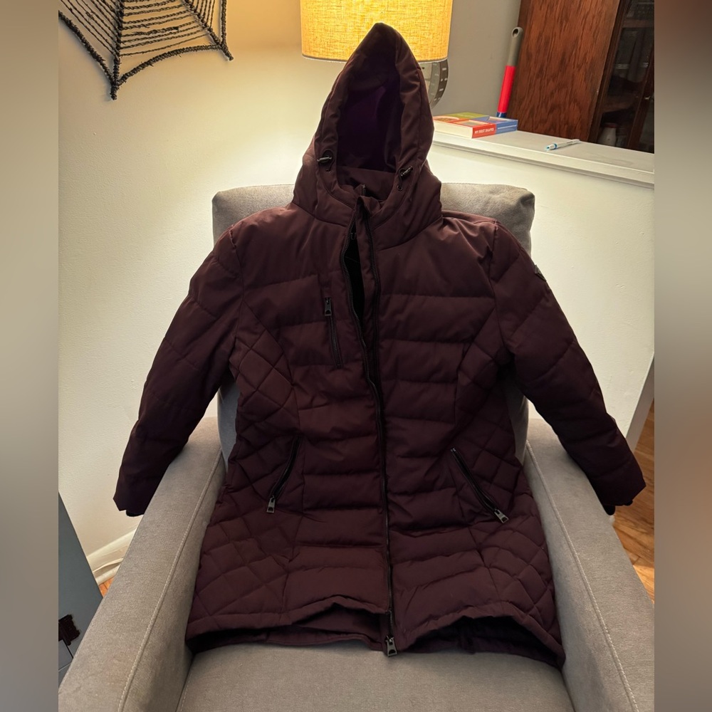 Guess Women's Quilted Thigh Length Puffer Jacket in Deep Plum Purple